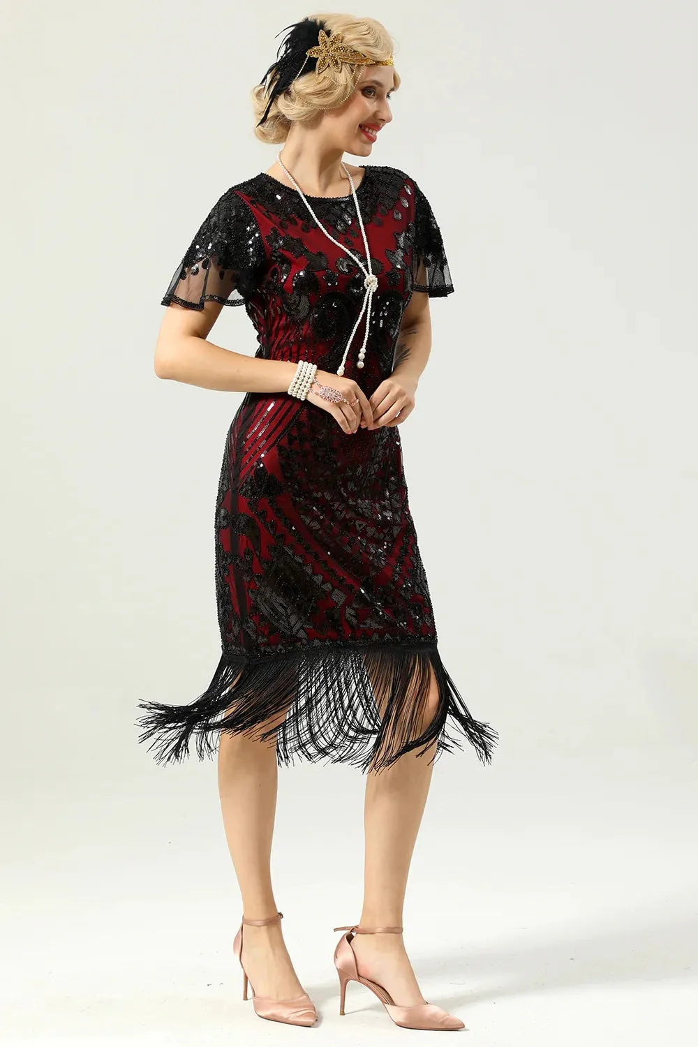 Black Red Sequins Fringed Cap Sleeves 1920s Dress with Accessories Set sold by Zapaka product image thumbnail 4