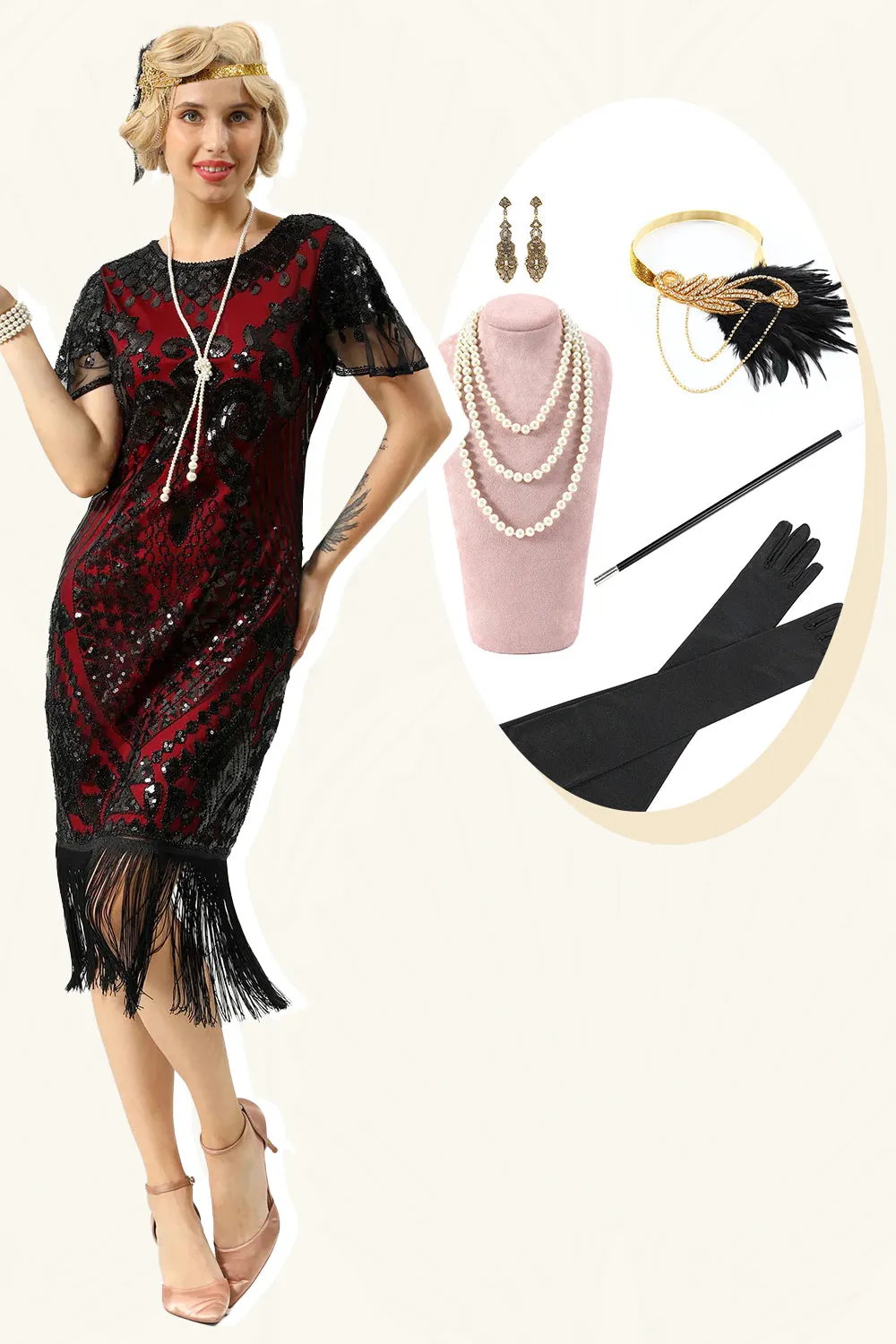 Black Red Sequins Fringed Cap Sleeves 1920s Dress with Accessories Set sold by Zapaka