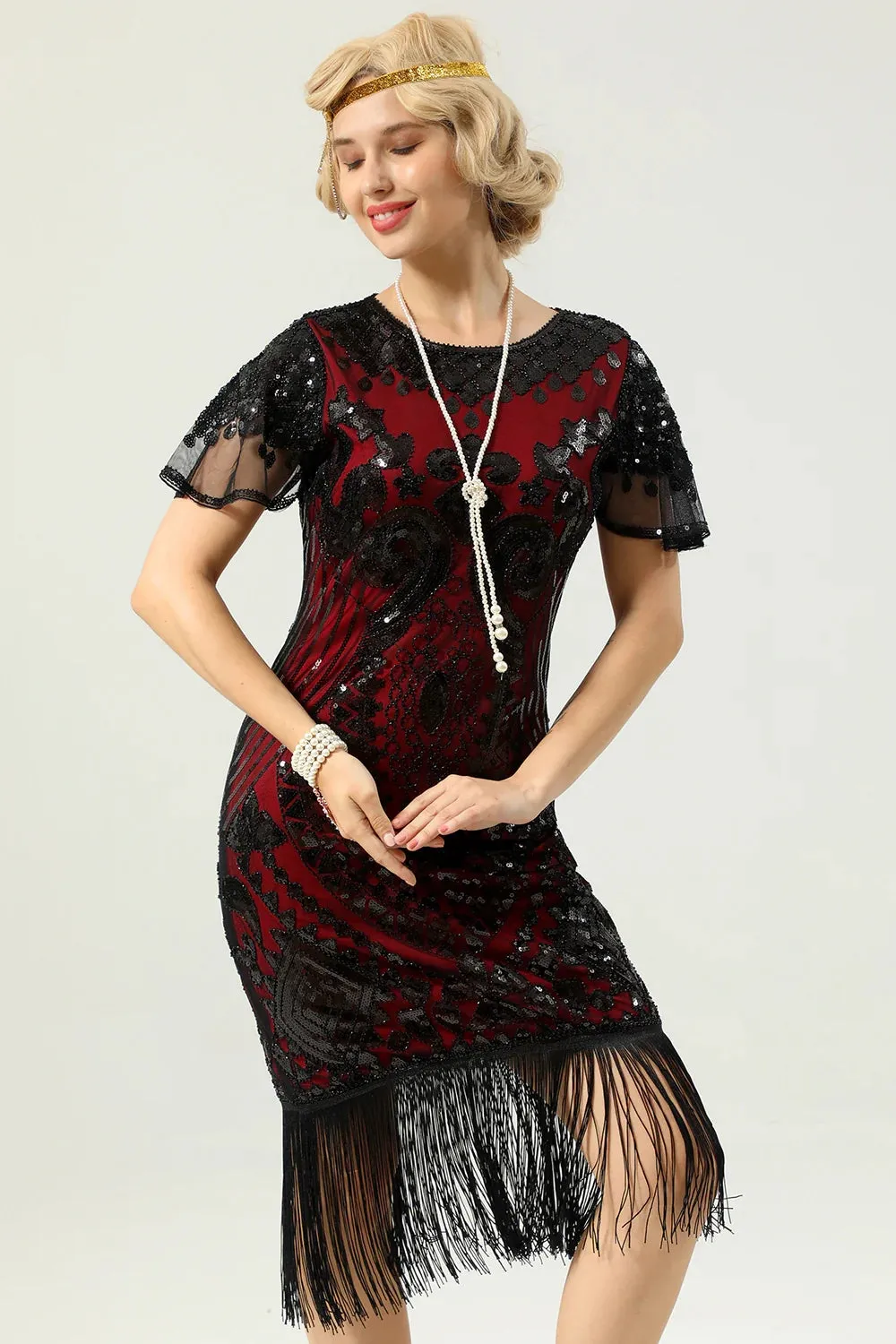Black Red Sequins Fringed Cap Sleeves 1920s Dress with Accessories Set sold by Zapaka product image thumbnail 2