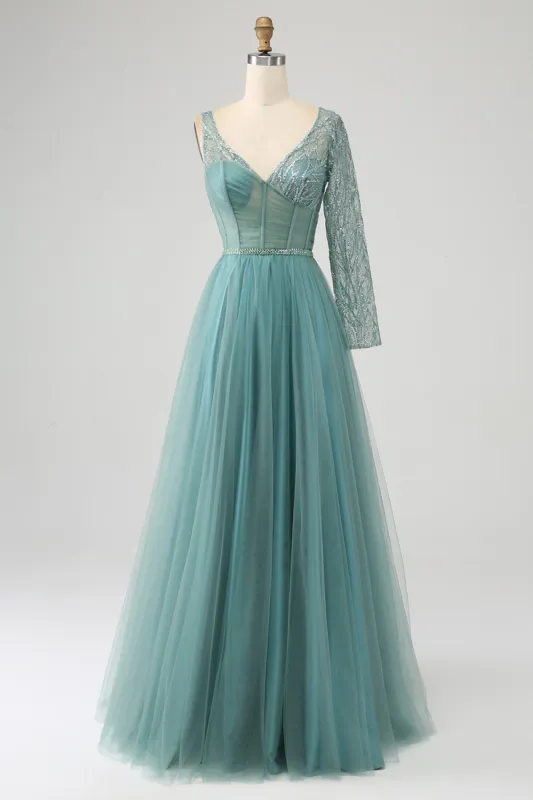 Grey Green A-Line Sparkly Sequin Long Corset Prom Dress sold by Zapaka