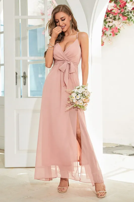 Chiffon A-Line Blush Pink Long Formal Dress with Slit sold by Zapaka