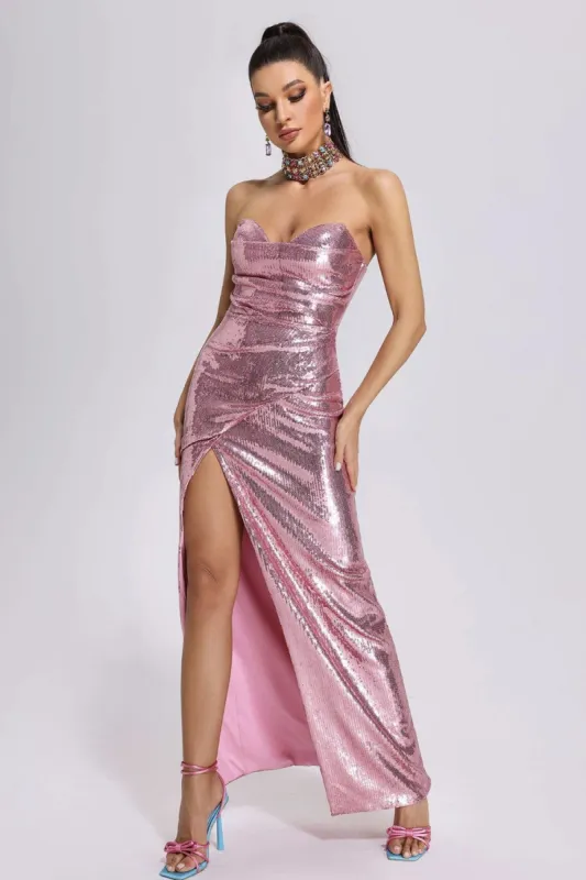 Strapless Pink Sequins Party Dress with Pleated sold by Zapaka