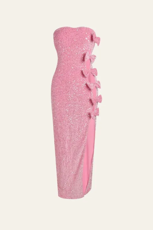 Pink Mermaid Sleeveless Backless Bow sequin Dress with Slit sold by Zapaka