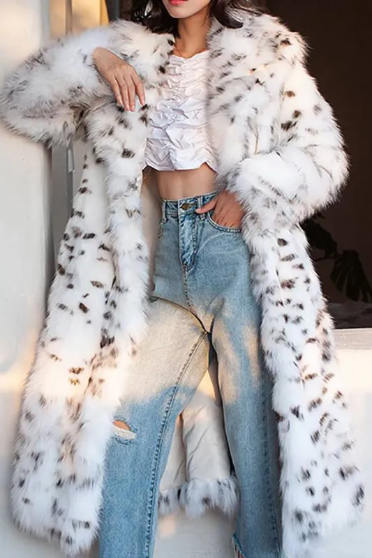 White Printed Open Front Long Faux Fur Women Coat sold by Zapaka