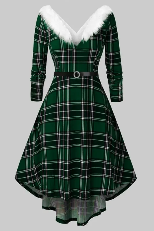 V Neck Long Sleeved Plaid Christmas Dress sold by Zapaka