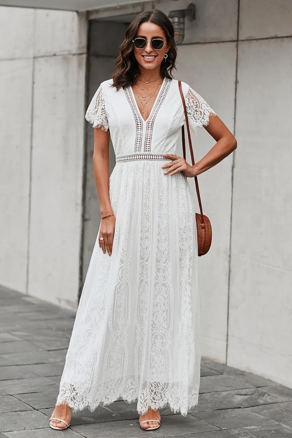 V-neck Long White Lace Dress sold by Zapaka