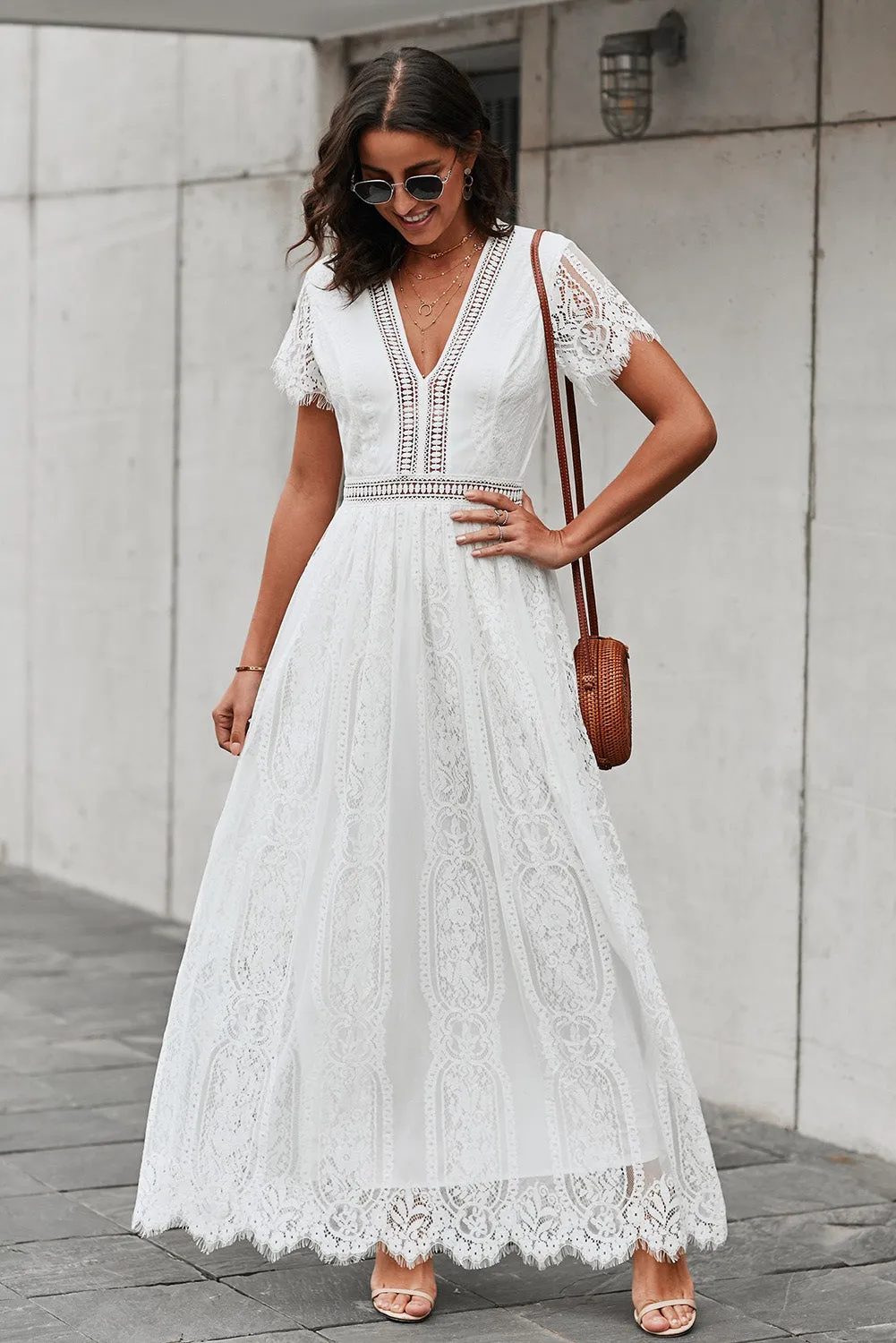 V-neck Long White Lace Dress sold by Zapaka product image thumbnail 3