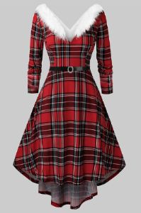 V Neck Long Sleeved Plaid Christmas Dress sold by Zapaka