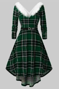 V Neck Long Sleeved Plaid Christmas Dress sold by Zapaka