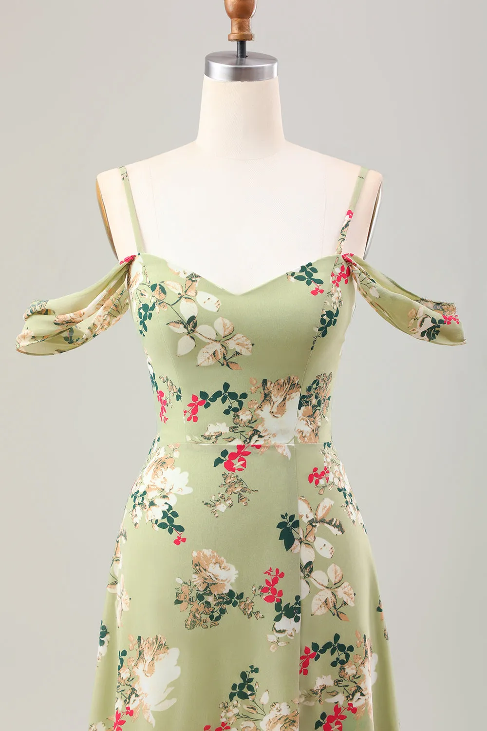 Green A Line Spaghetti Straps Floral Wedding Guest Dress with Slit sold by Zapaka product image thumbnail 4