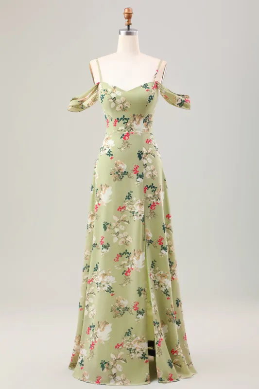 Green A Line Spaghetti Straps Floral Wedding Guest Dress with Slit sold by Zapaka