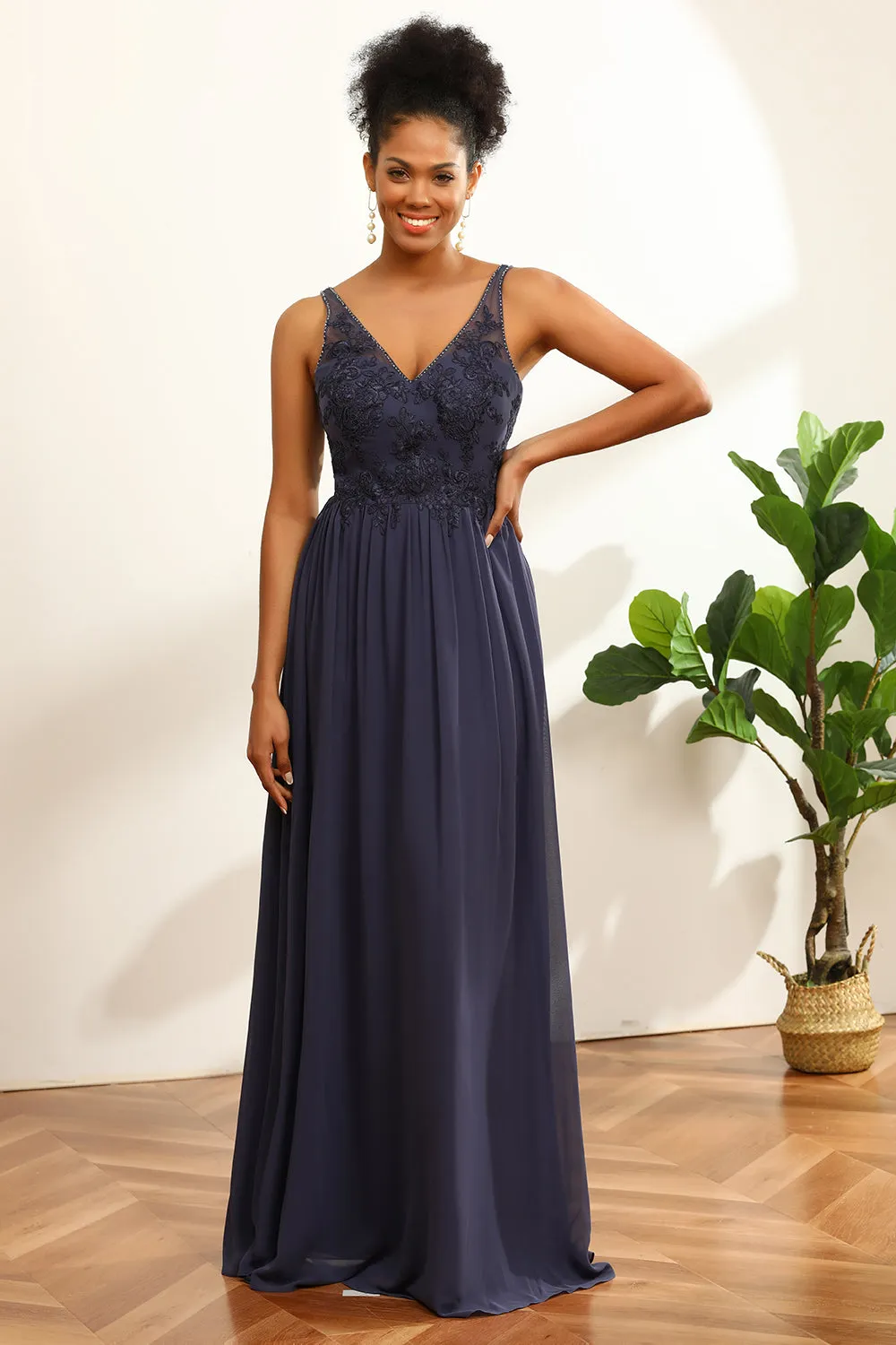 Navy V-Neck Long Chiffon Bridesmaid Dress with Open Back sold by Zapaka