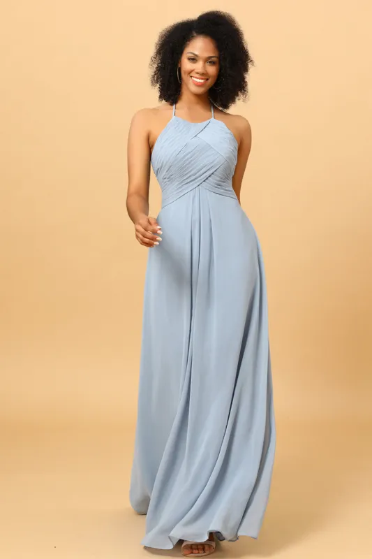 Halter Chiffon Blue Bridesmaid Dress with Ruffles sold by Zapaka