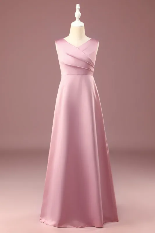 Dusty Rose Satin A-line Pleated V-neck Long Junior Bridesmaid Dress sold by Zapaka
