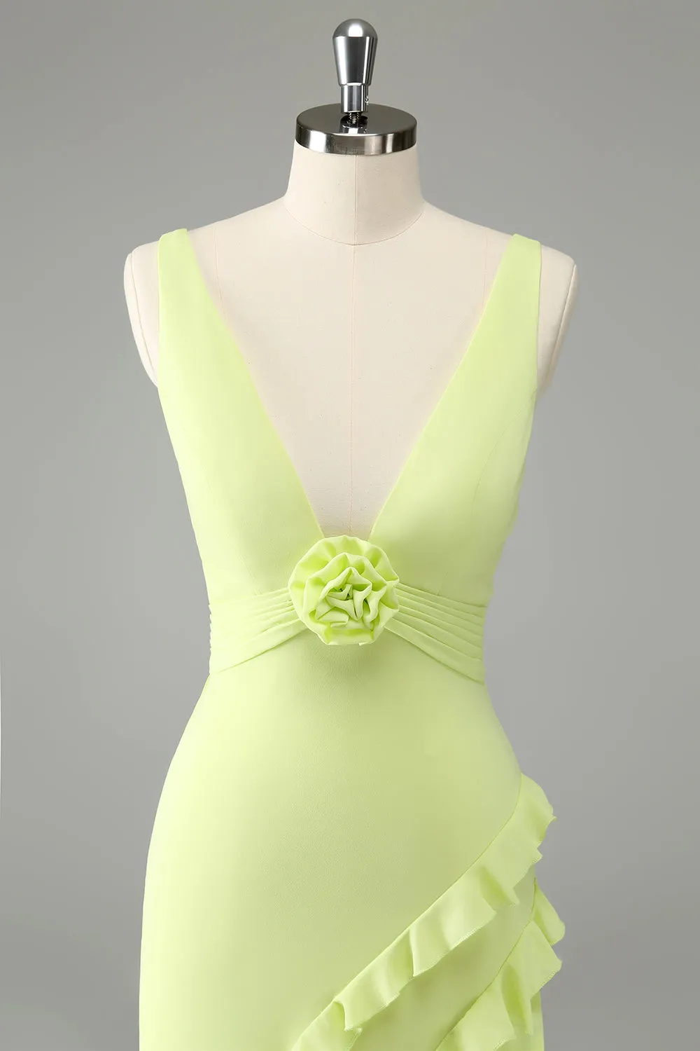 Lemon Deep V Neck Ruffles Wedding Guest Dress with Slit sold by Zapaka product image thumbnail 4