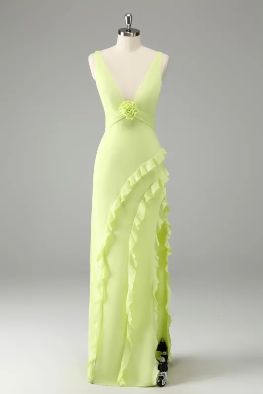Lemon Deep V Neck Ruffles Wedding Guest Dress with Slit sold by Zapaka