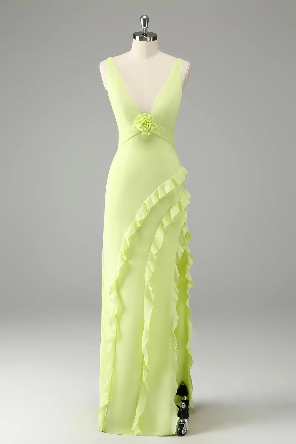 Lemon Deep V Neck Ruffles Wedding Guest Dress with Slit sold by Zapaka