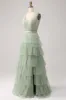 Pleated Tiered Green Prom Dress with Slit sold by Zapaka