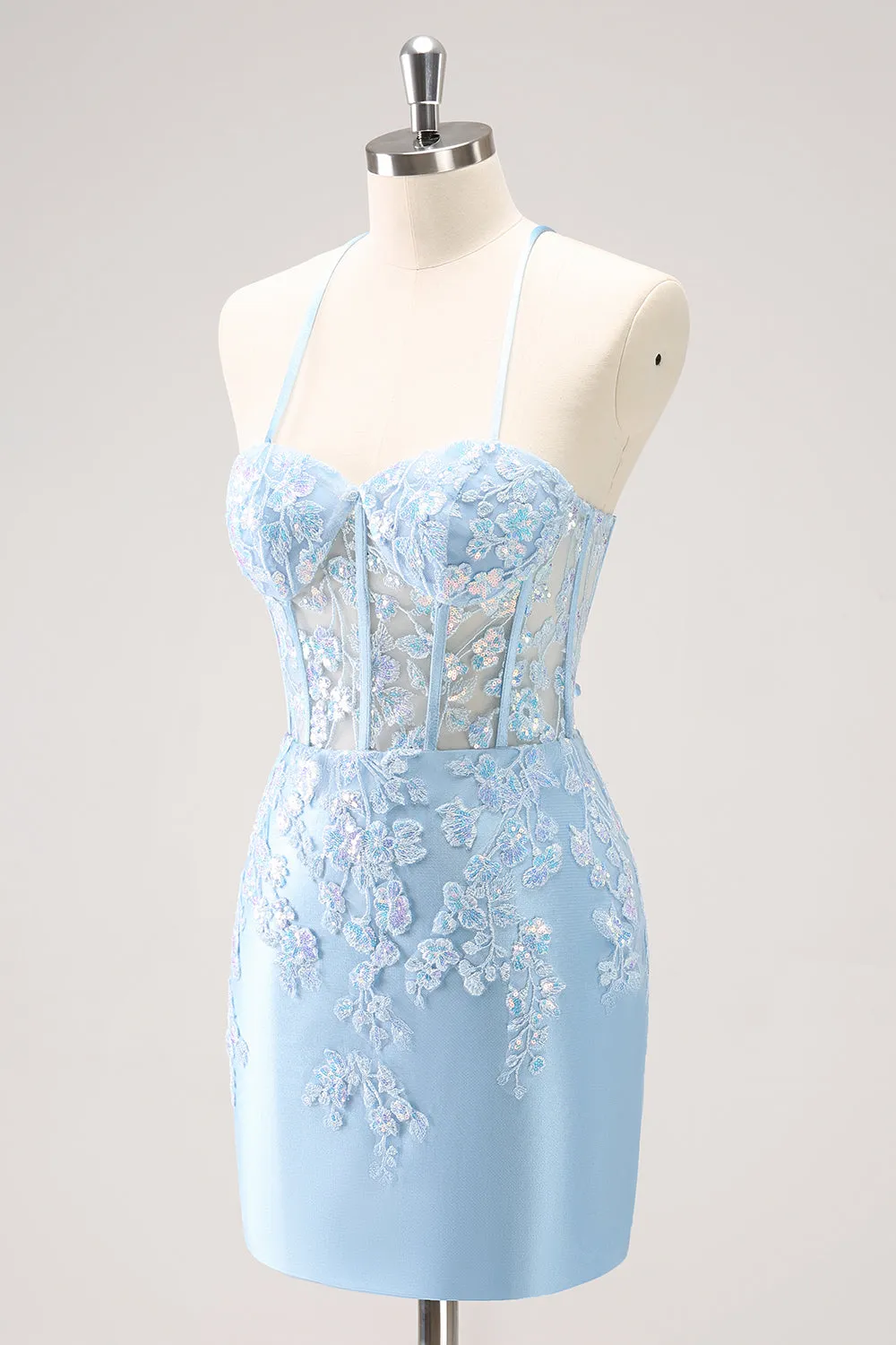 Blue Spaghetti Straps Corset Applique Tight Homecoming Dress with Sequins sold by Zapaka product image thumbnail 3