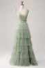 Pleated Tiered Green Prom Dress with Slit sold by Zapaka