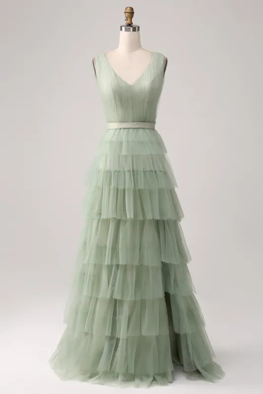 Pleated Tiered Green Prom Dress with Slit sold by Zapaka