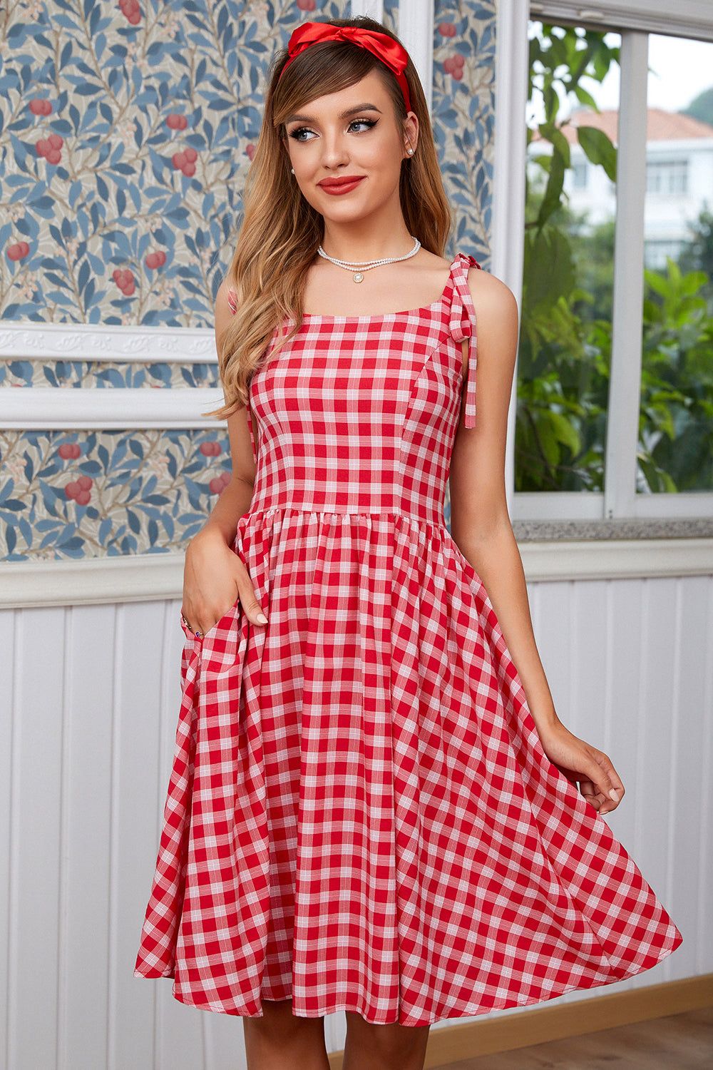 Red Plaid Vintage Dress with Bows sold by Zapaka product image thumbnail 4