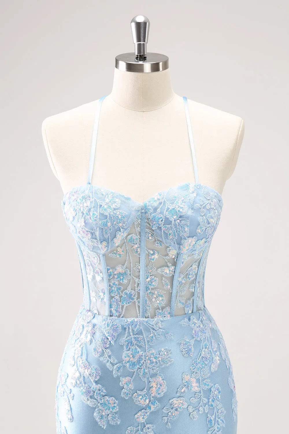 Blue Spaghetti Straps Corset Applique Tight Homecoming Dress with Sequins sold by Zapaka product image thumbnail 4