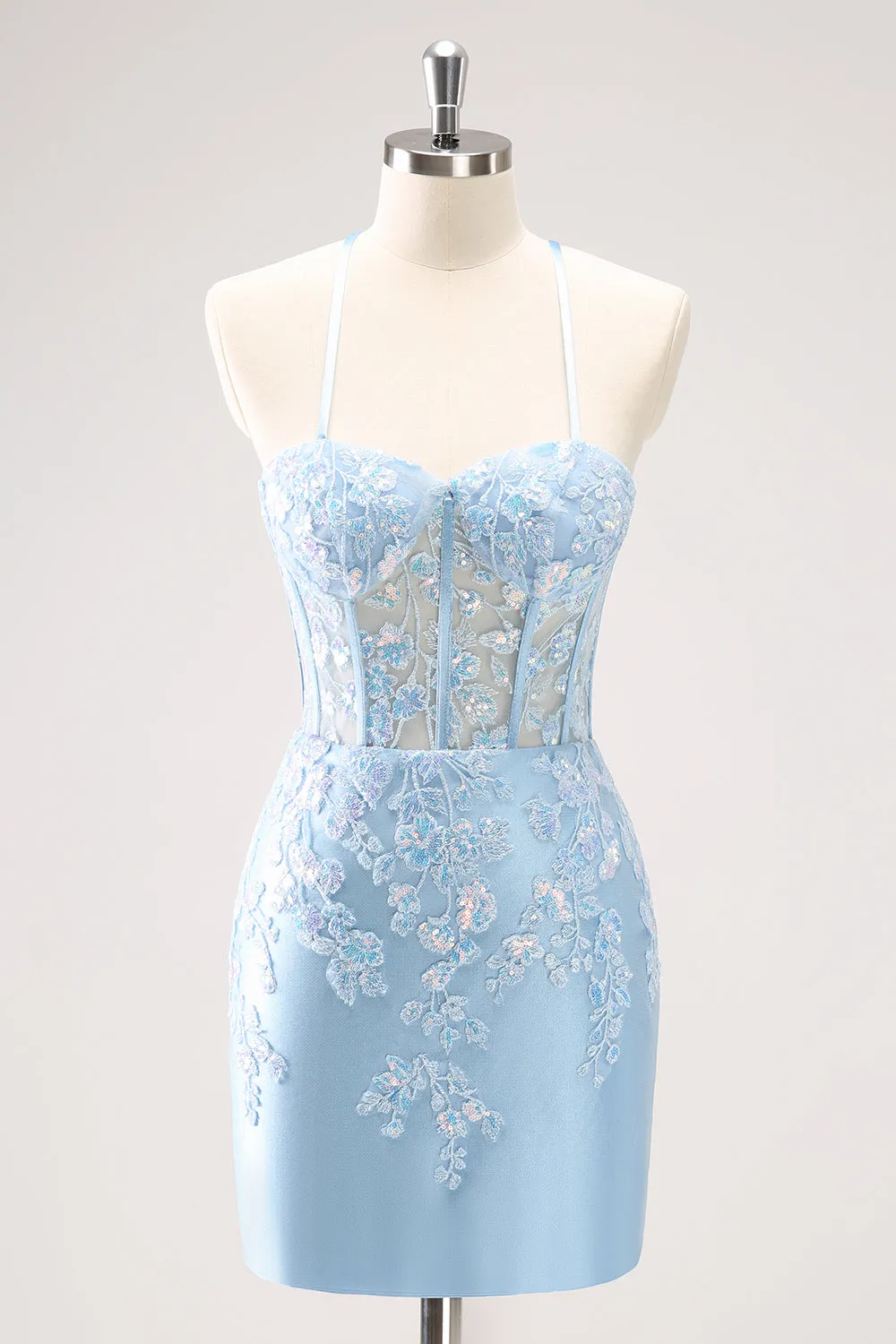 Blue Spaghetti Straps Corset Applique Tight Homecoming Dress with Sequins sold by Zapaka