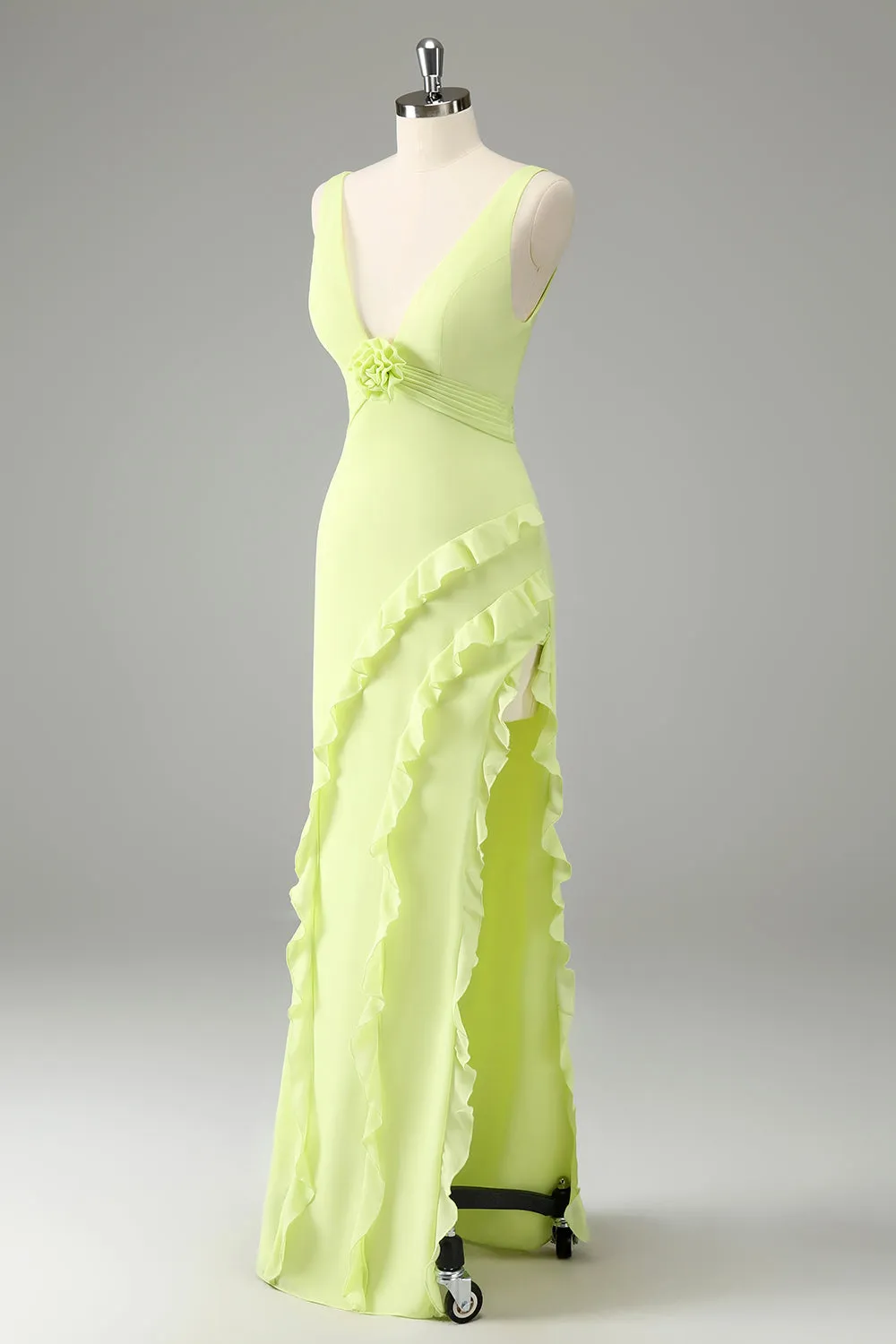 Lemon Deep V Neck Ruffles Wedding Guest Dress with Slit sold by Zapaka product image thumbnail 3