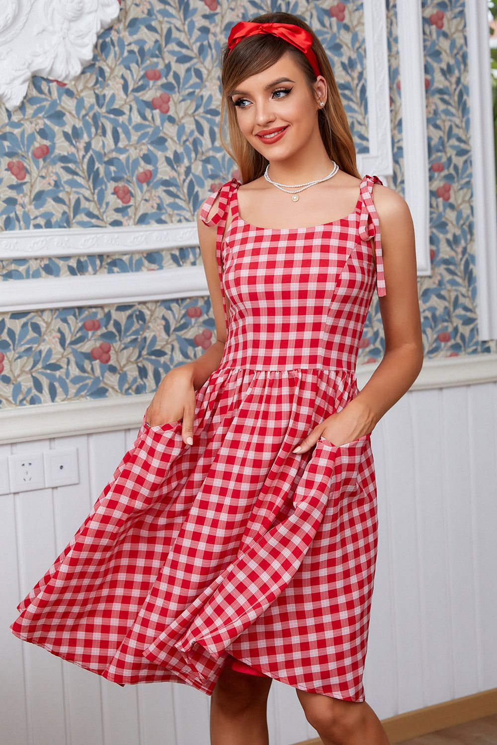 Red Plaid Vintage Dress with Bows sold by Zapaka