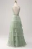 Pleated Tiered Green Prom Dress with Slit sold by Zapaka