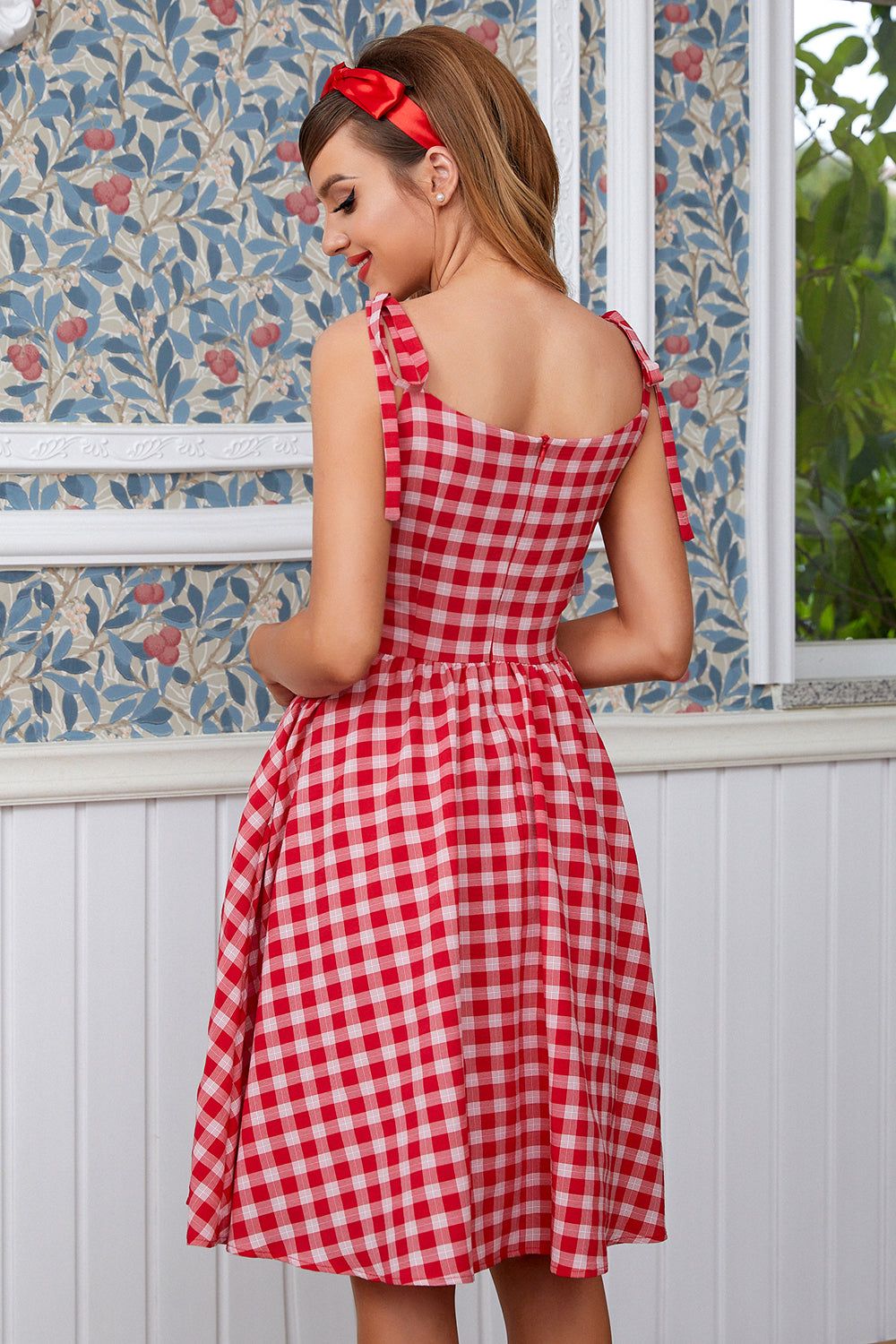 Red Plaid Vintage Dress with Bows sold by Zapaka product image thumbnail 2