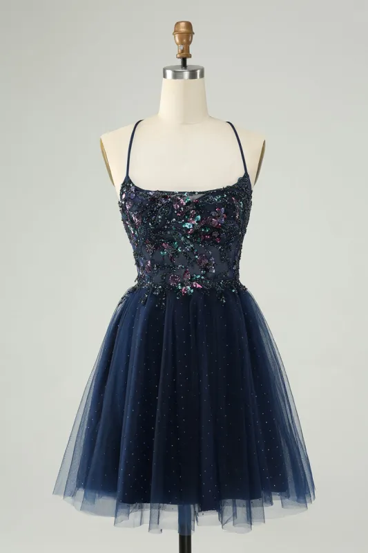 Glitter Navy A-Line Sequined Tulle Homecoming Dress sold by Zapaka