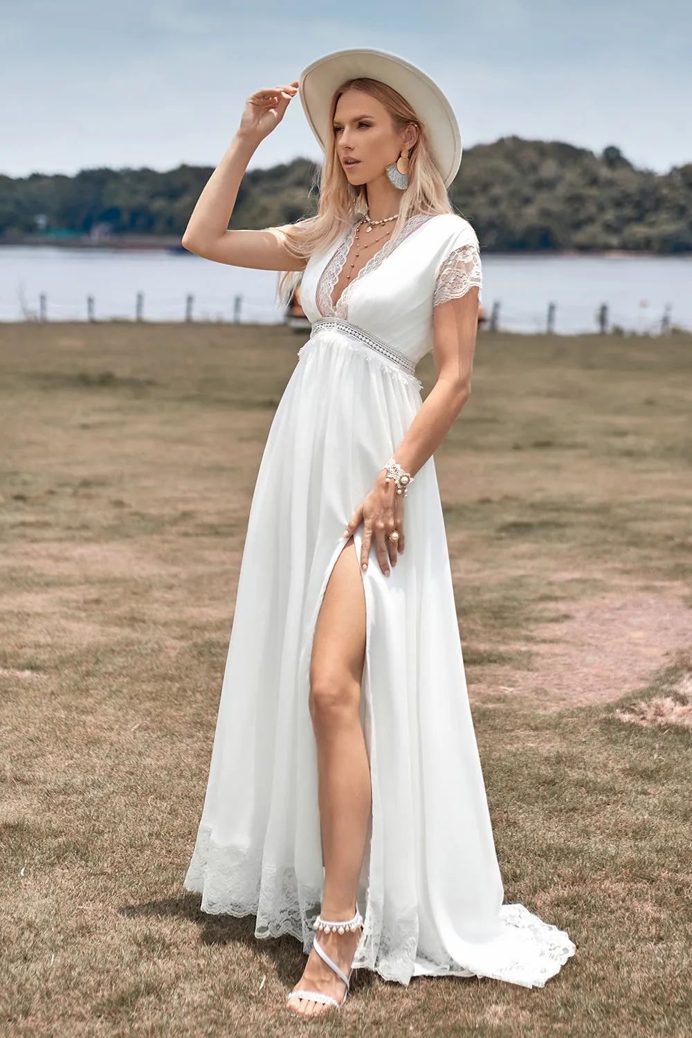 Deep V-neck Simple Boho Wedding Dress with Slit sold by Zapaka product image thumbnail 5