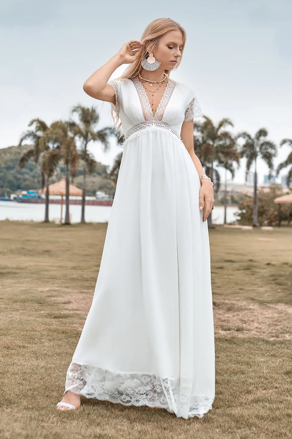 Deep V-neck Simple Boho Wedding Dress with Slit sold by Zapaka product image thumbnail 4