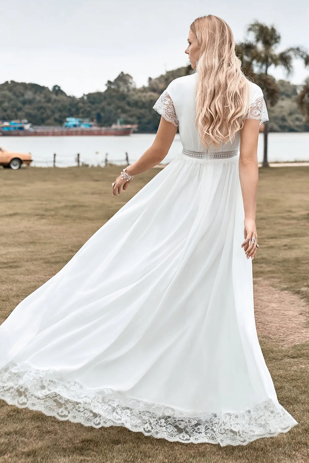 Deep V-neck Simple Boho Wedding Dress with Slit sold by Zapaka product image thumbnail 2