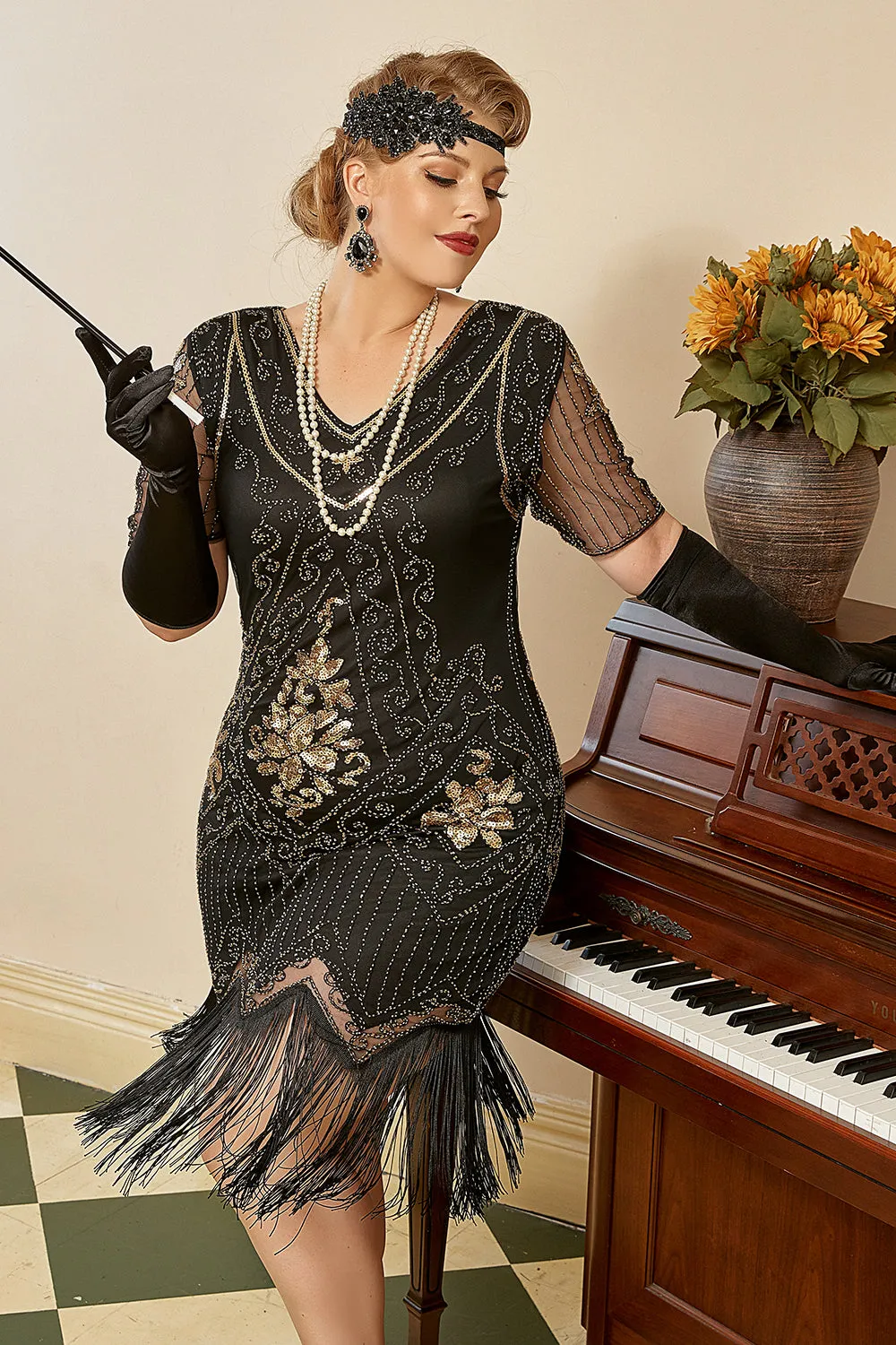 Black Short Sleeves 1920s Plus Size Dress with 20s Accessories Set sold by Zapaka product image thumbnail 2