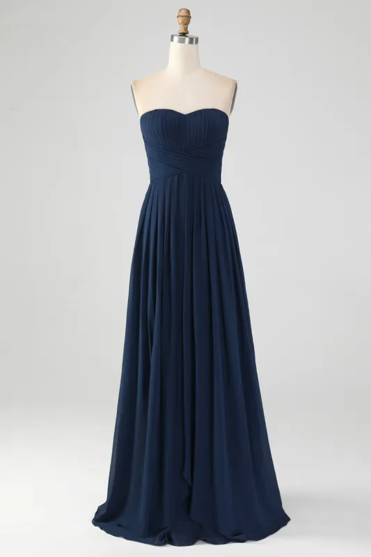 Navy A Line Sweetheart Pleated Long Bridesmaid Dress sold by Zapaka