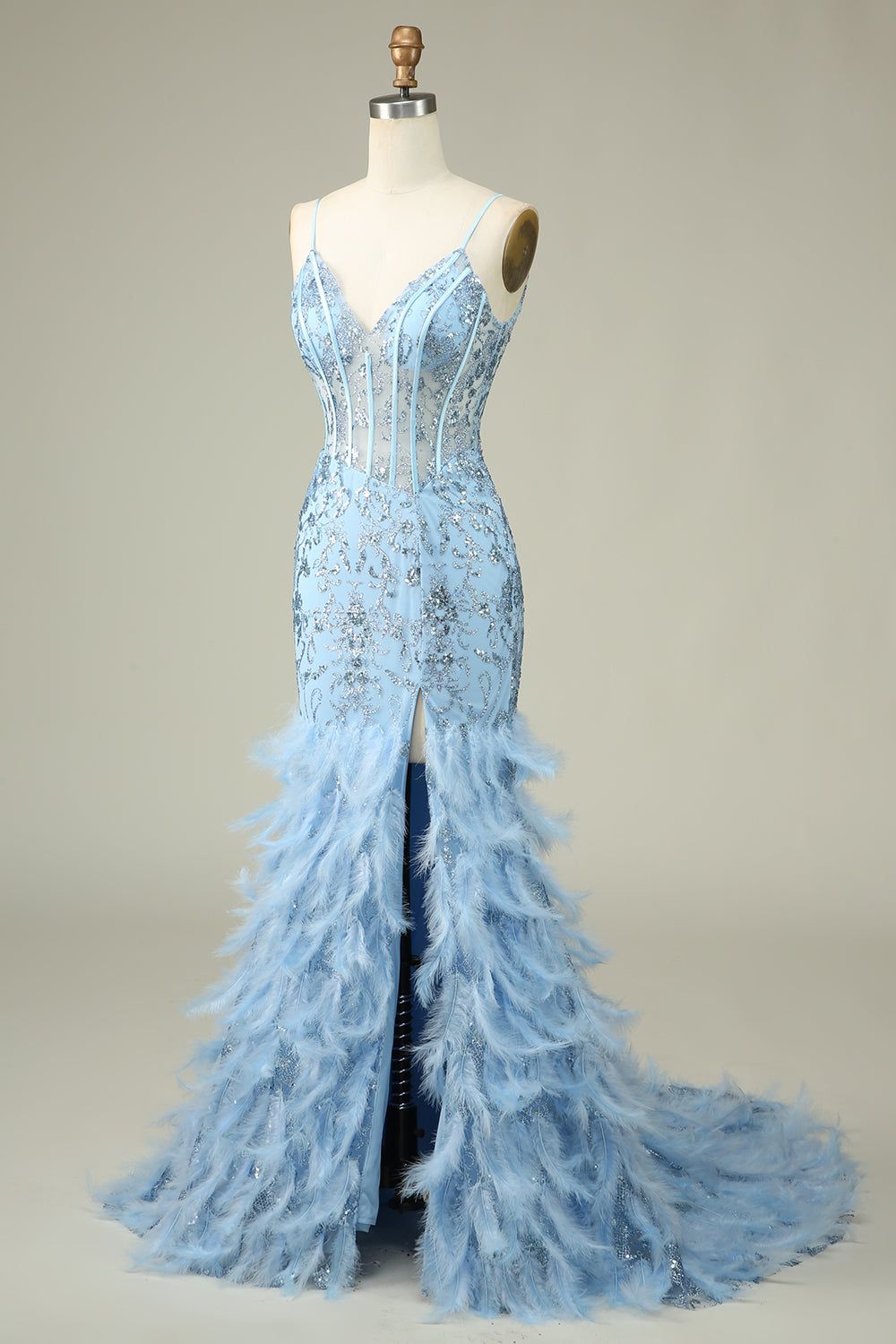 Mermaid Spaghetti Straps Blue Long Prom Dress With Feathers sold by Zapaka product image thumbnail 3