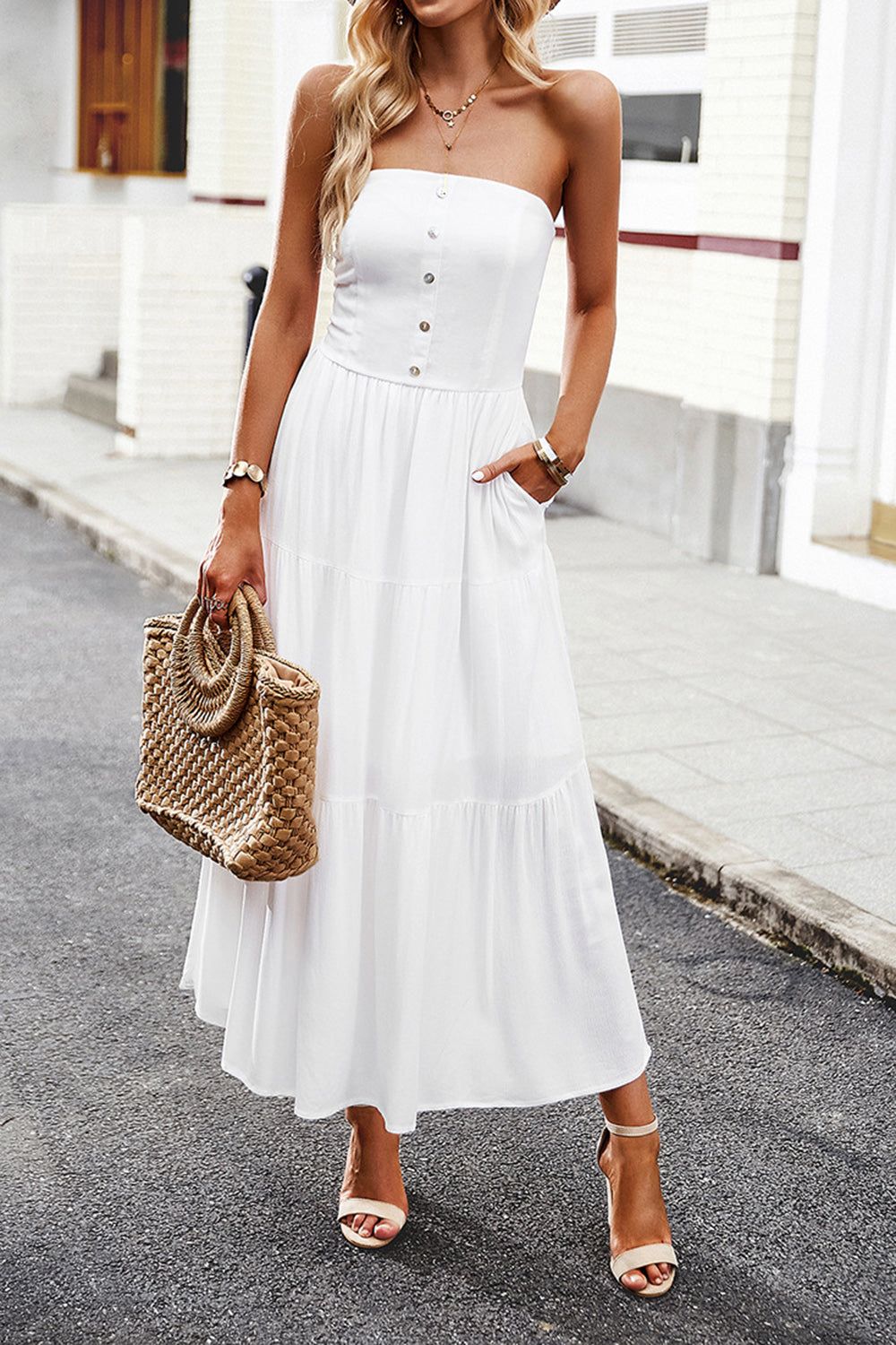 White Strapless A Line Long Summer Dress sold by Zapaka product image thumbnail 5