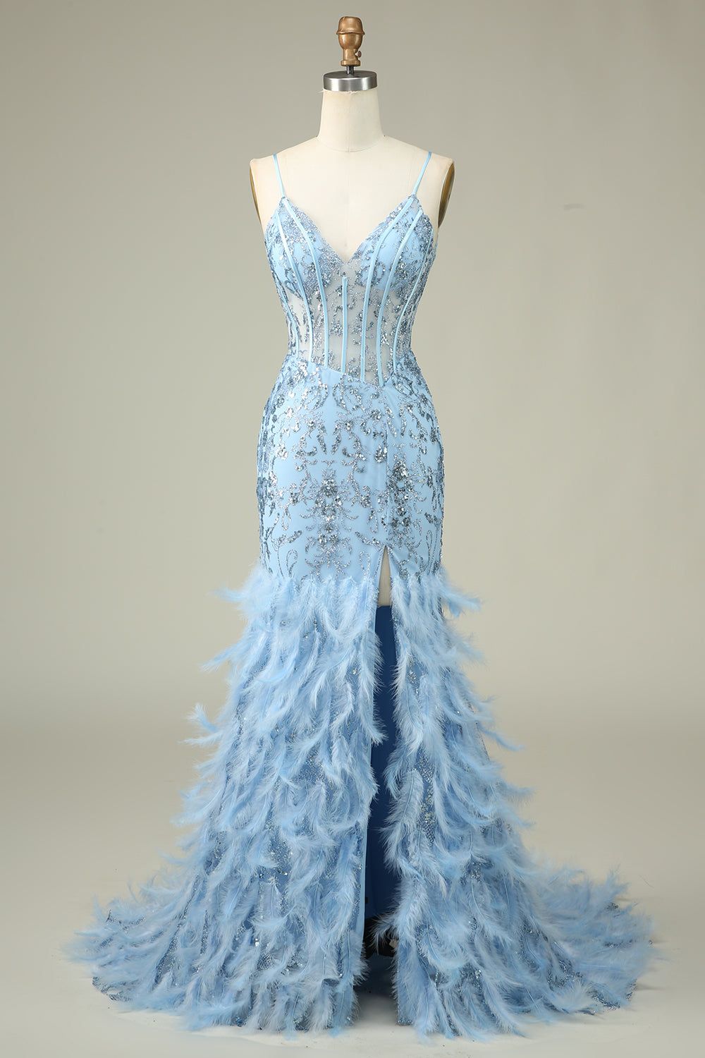 Mermaid Spaghetti Straps Blue Long Prom Dress With Feathers sold by Zapaka