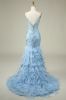 Mermaid Spaghetti Straps Blue Long Prom Dress With Feathers sold by Zapaka