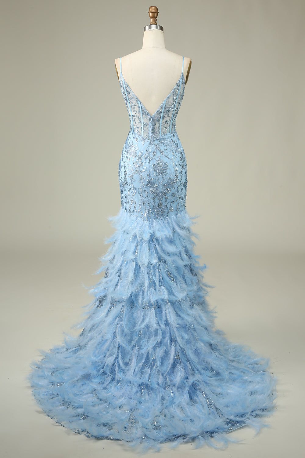 Mermaid Spaghetti Straps Blue Long Prom Dress With Feathers sold by Zapaka product image thumbnail 2