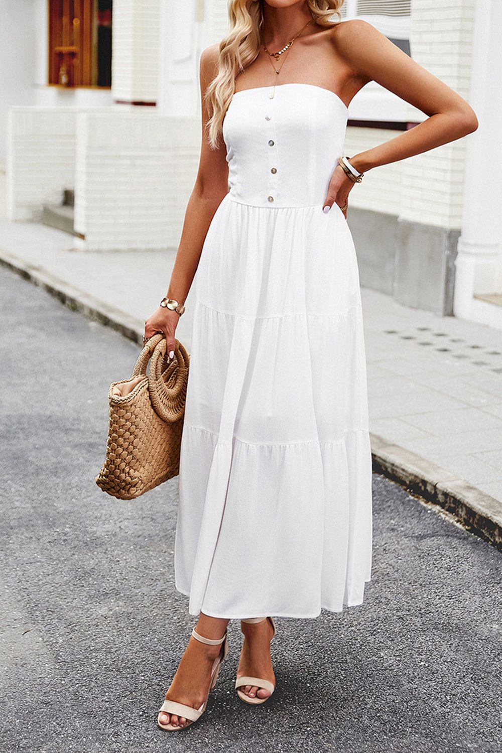 White Strapless A Line Long Summer Dress sold by Zapaka product image thumbnail 4