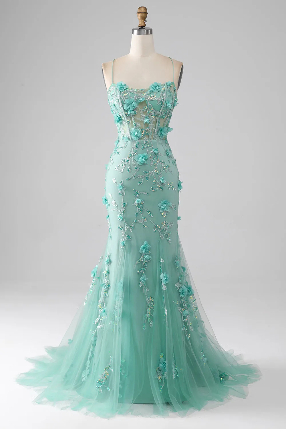 Green Mermaid Spaghetti Straps Long Prom Dress with Appliques sold by Zapaka