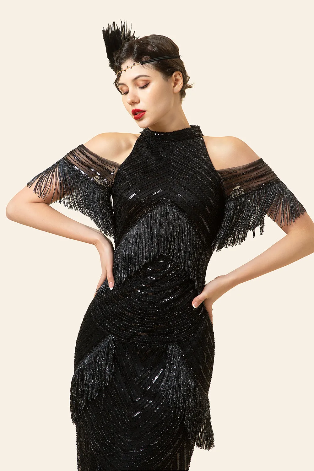 Black Sequined Fringes Long 1920s Gatsby Flapper Dress with 20s Accessories Set sold by Zapaka product image thumbnail 5