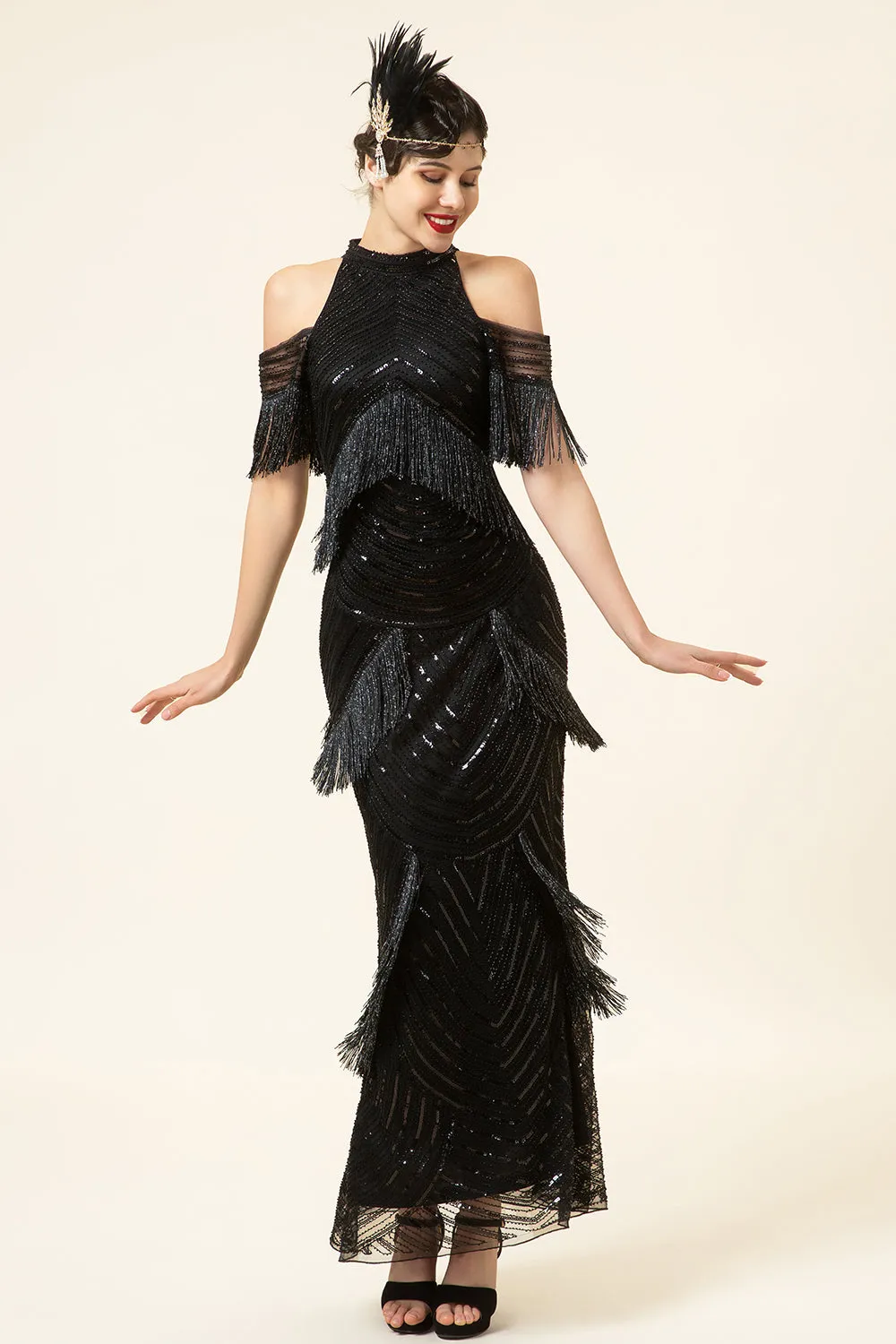 Black Sequined Fringes Long 1920s Gatsby Flapper Dress with 20s Accessories Set sold by Zapaka product image thumbnail 2