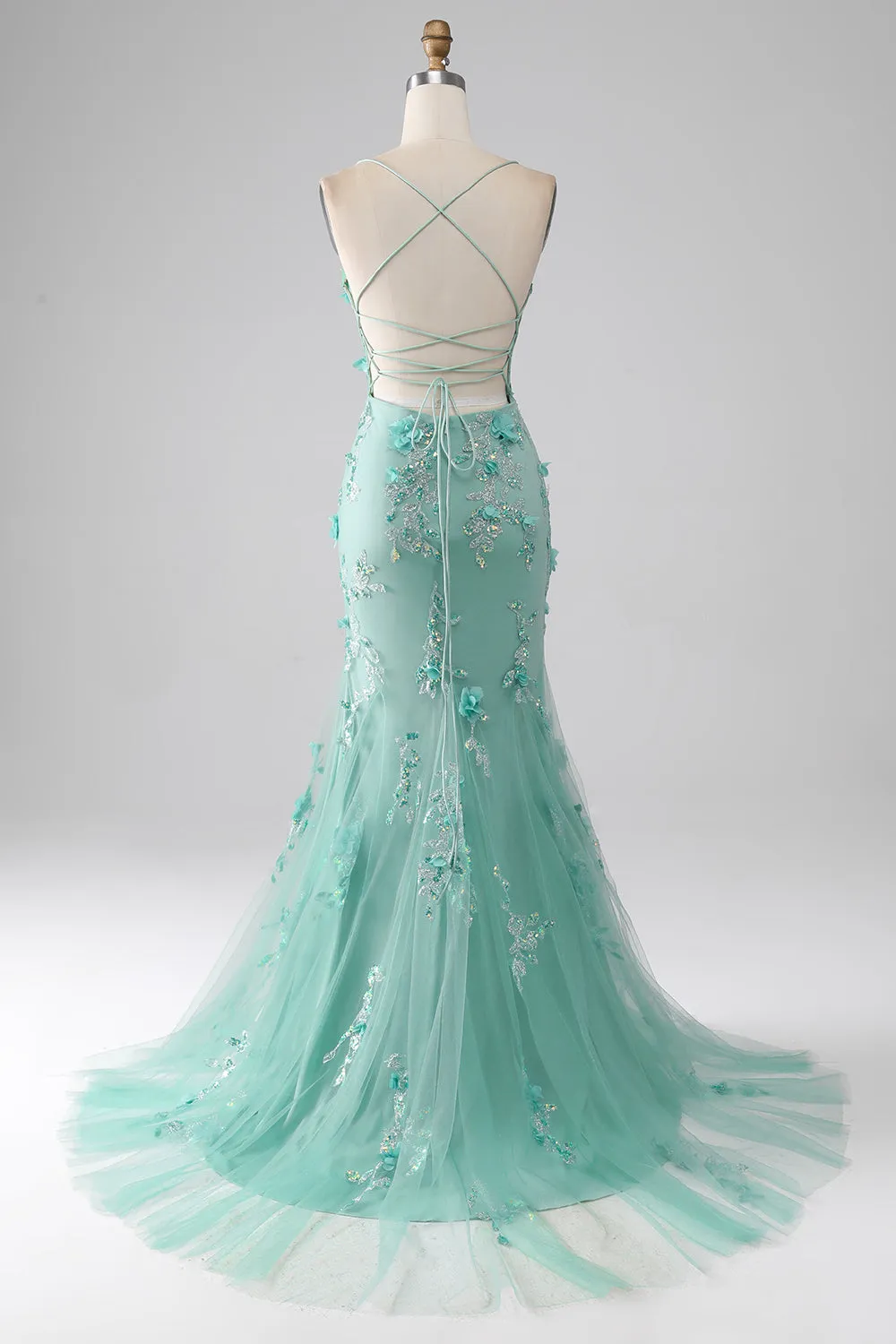 Green Mermaid Spaghetti Straps Long Prom Dress with Appliques sold by Zapaka product image thumbnail 2