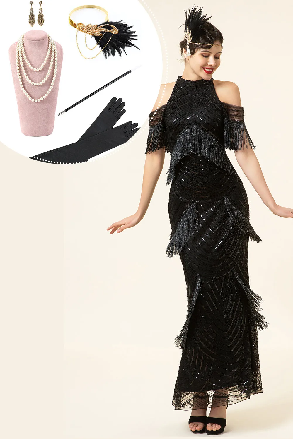 Black Sequined Fringes Long 1920s Gatsby Flapper Dress with 20s Accessories Set sold by Zapaka