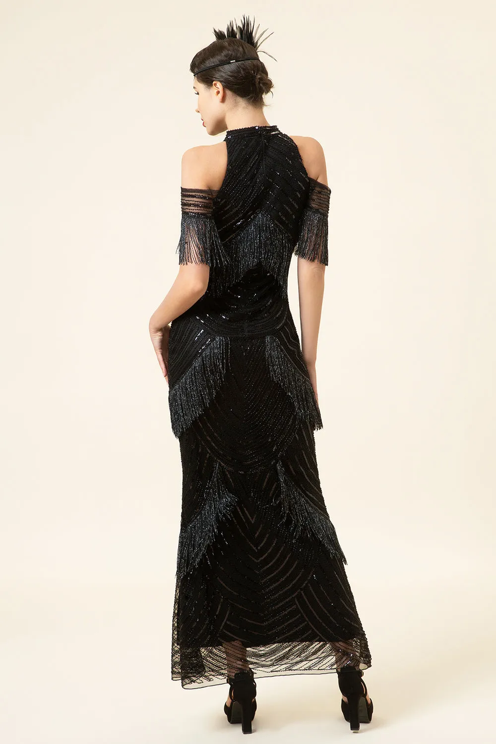 Black Sequined Fringes Long 1920s Gatsby Flapper Dress with 20s Accessories Set sold by Zapaka product image thumbnail 3